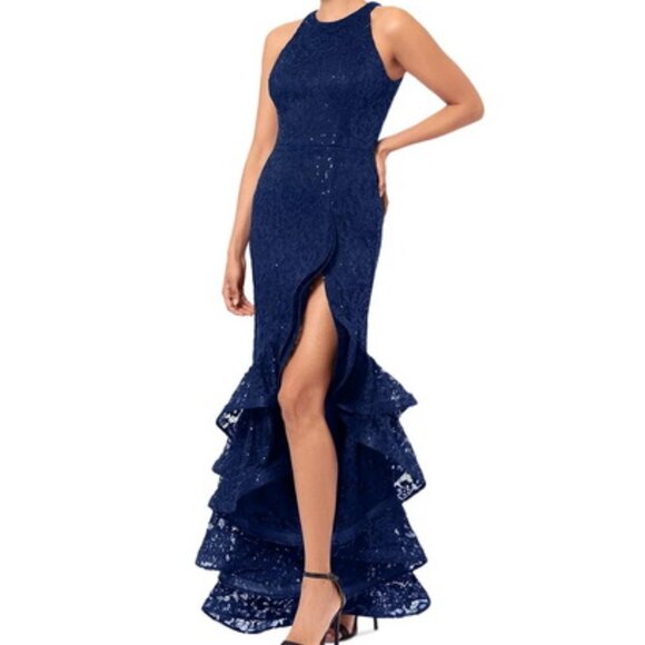 Betsy & Adam Women's Blue Sequined Lined Sleeveless Lace Ruffle Gown - Picture 2 of 3